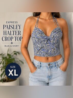 Express Paisley Halter Crop Top Blue Ivory Women’s XL Boho Summer